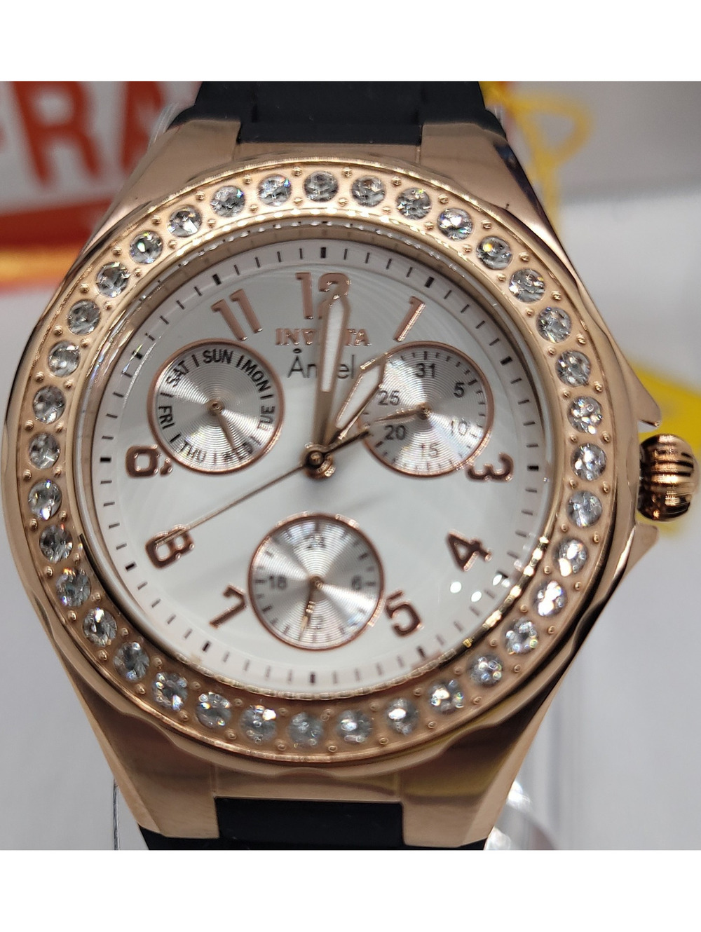 284 invicta 38mm angel rose gold diamond bezel white dial black silicone strap